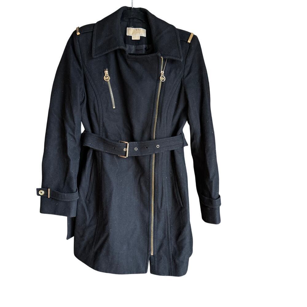 Michael Kors Black Full Zip Wool Blend Pea Coat with Belt Size 4 Classic Preppy